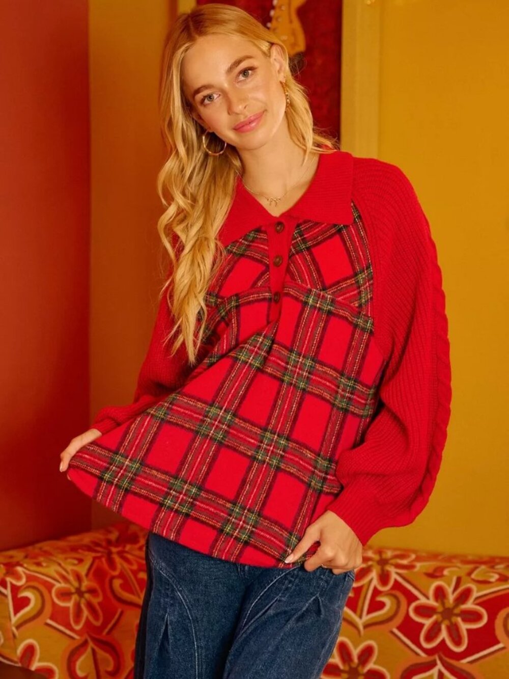 BiBi Plaid Buttoned Collared Top with Sweater Sleeve - Picture 4 of 9
